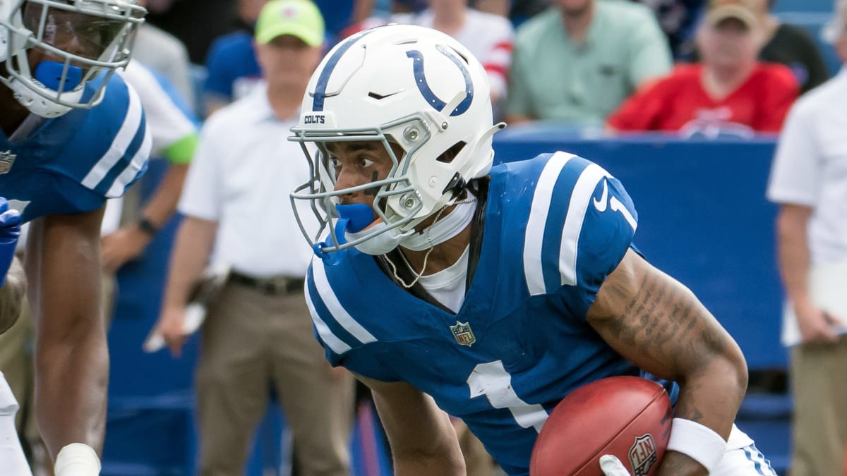 Indianapolis Colts wide receiver Josh Downs (1) returns a kick-off during  an NFL pre-season football game against the Buffalo Bills, Saturday, Aug.  12, 2023, in Orchard Park, N.Y. Buffalo defeated the Colts