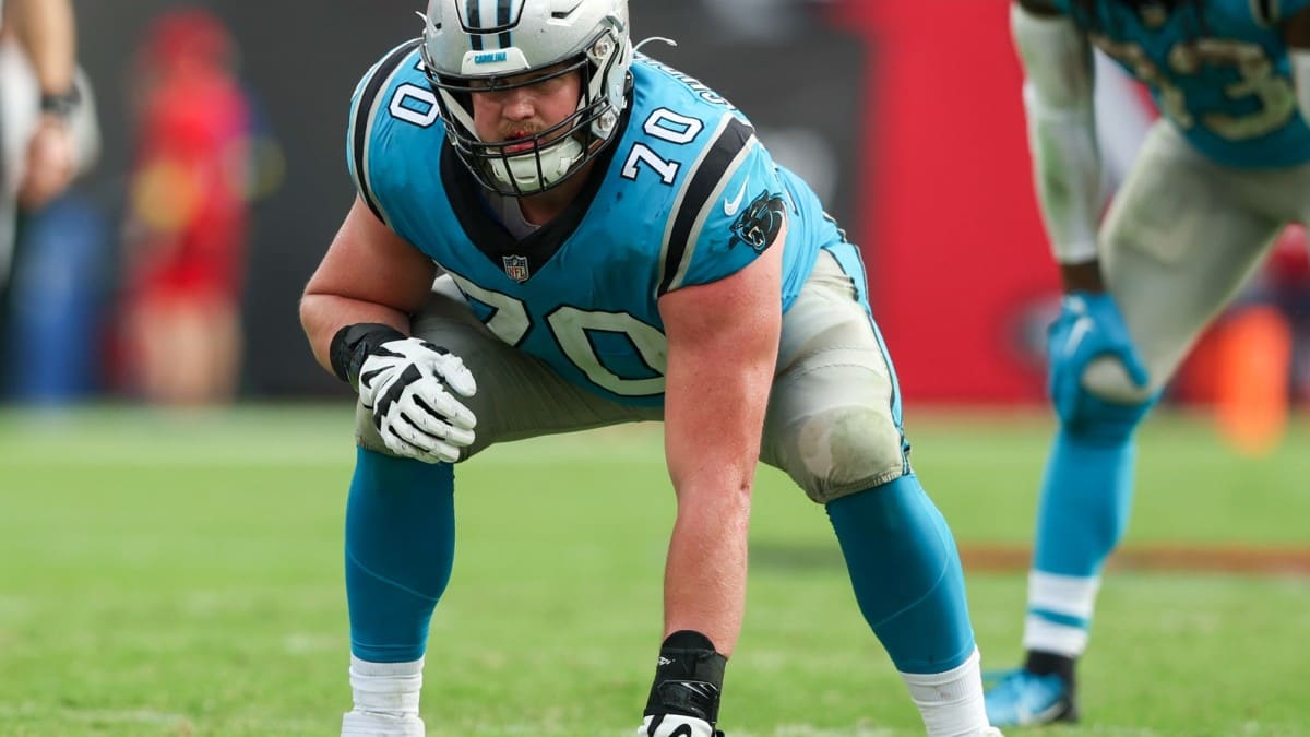 Carolina Panthers offensive tackle Brady Christensen (70) runs off