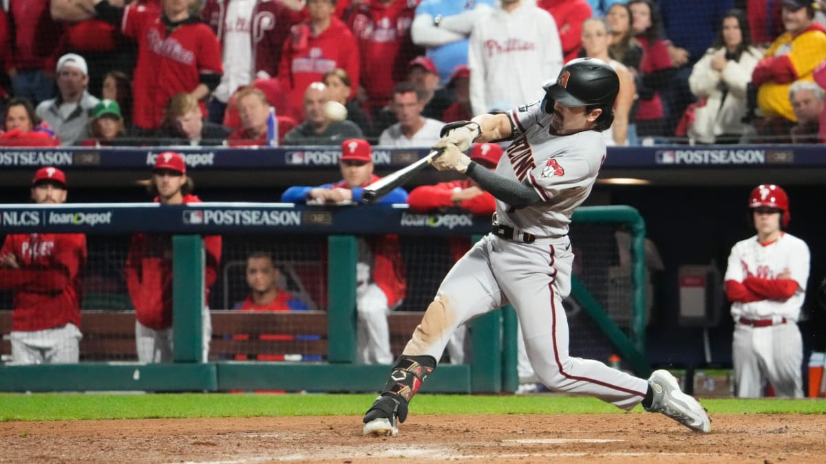 Corbin Carroll of the Arizona Diamondbacks bats in the fifth inning in  2023