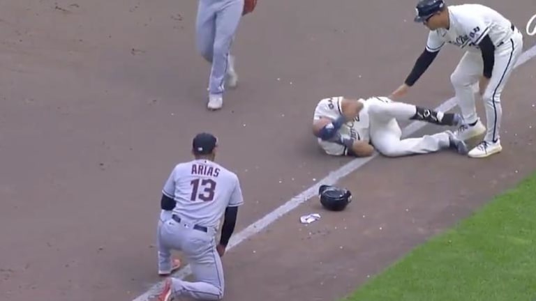 Twins' Lewis avoids serious injury after flipping over 1B, landing