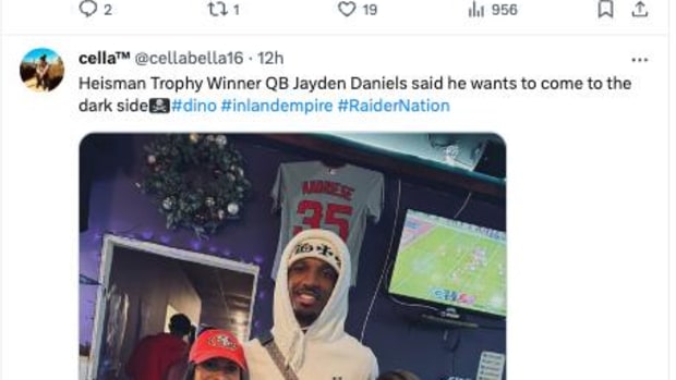 Las Vegas Raiders coach Antonio Pierce likes a post about LSU QB Jayden Daniels landing with the franchise.