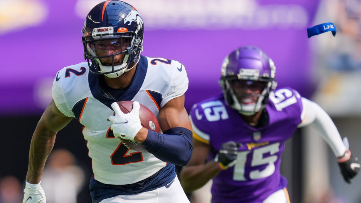 Denver Broncos defensive back Patrick Surtain II flashes his speed on INT  in coverage vs. Minnesota Vikings wide receiver Justin Jefferson