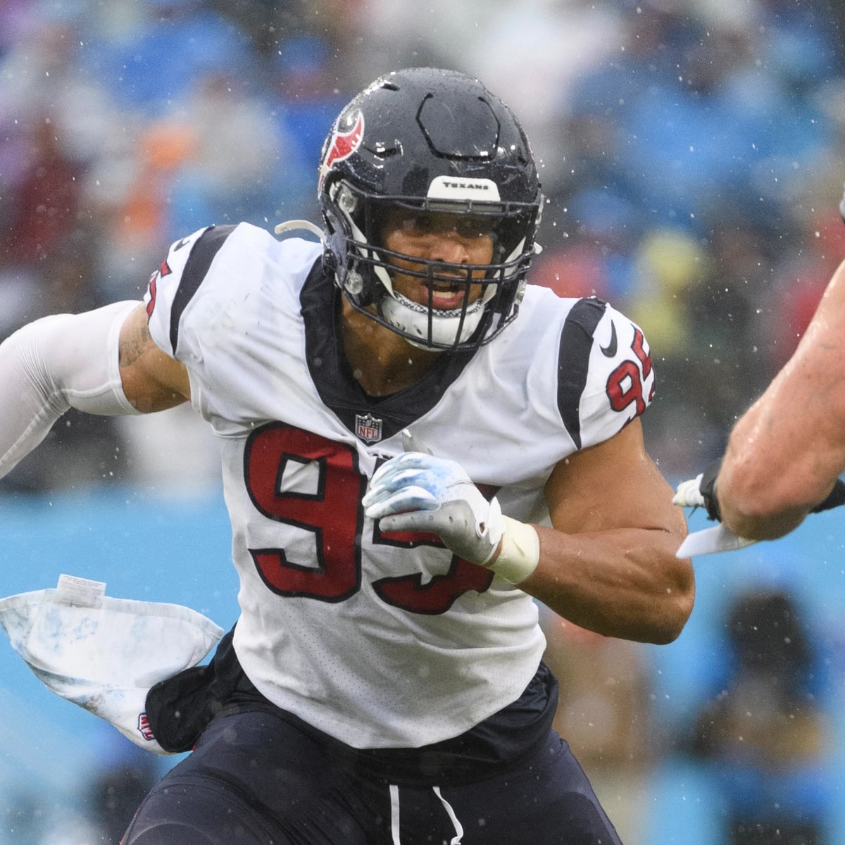 Houston Texans defensive end Derek Rivers (95) is blocked by New