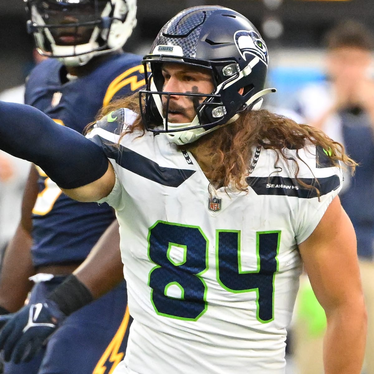 Colby Parkinson of the Seattle Seahawks lines up for a kickoff