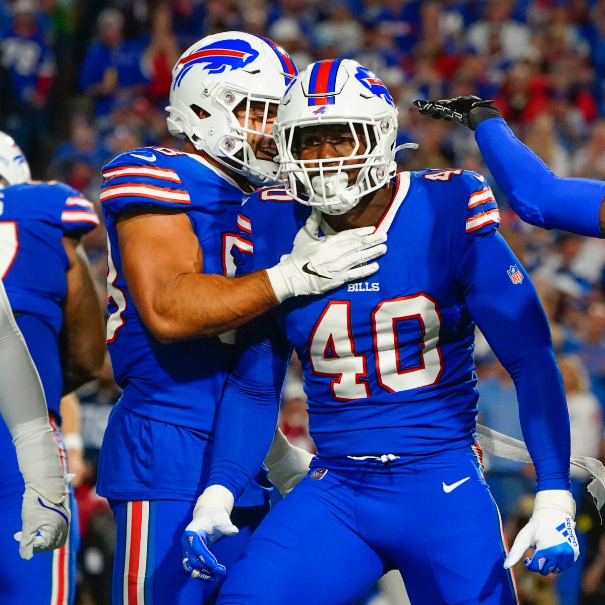 Buffalo Bills linebacker Von Miller works on his thigh during the second  half of an NFL football game against the Kansas City Chiefs, Sunday, Oct. 16,  2022 in Kansas City, Mo. (AP