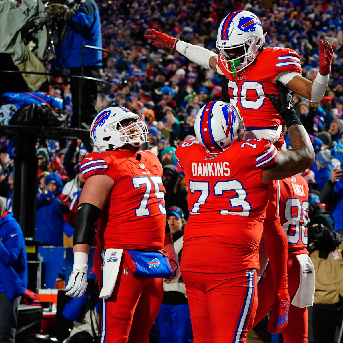 Buffalo Bills' Dion Dawkins lines-up during the first half of an NFL  wild-card playoff football game against the Miami Dolphins, Sunday, Jan.  15, 2023, in Orchard Park, N.Y. (AP Photo/Jeffrey T. Barnes