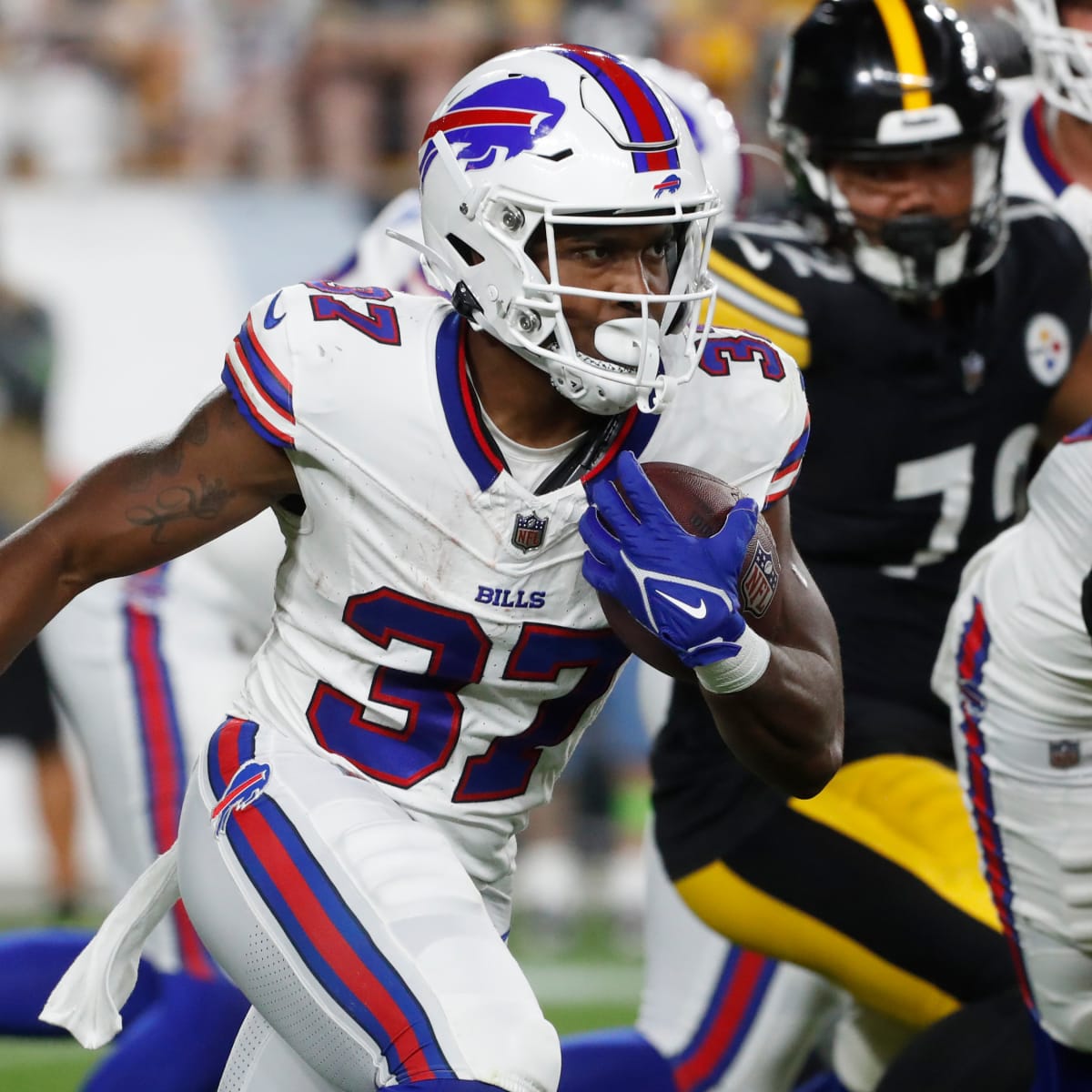 Buffalo Bills running back Darrynton Evans (37) runs the ball during an NFL  pre-season football game against the Indianapolis Colts, Saturday, Aug. 12,  2023, in Orchard Park, N.Y. Buffalo defeated the Colts