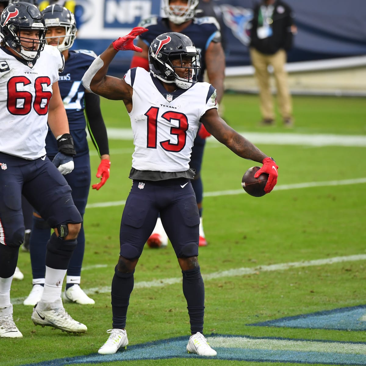 Brandin Cooks of the Houston Texans gets set against the