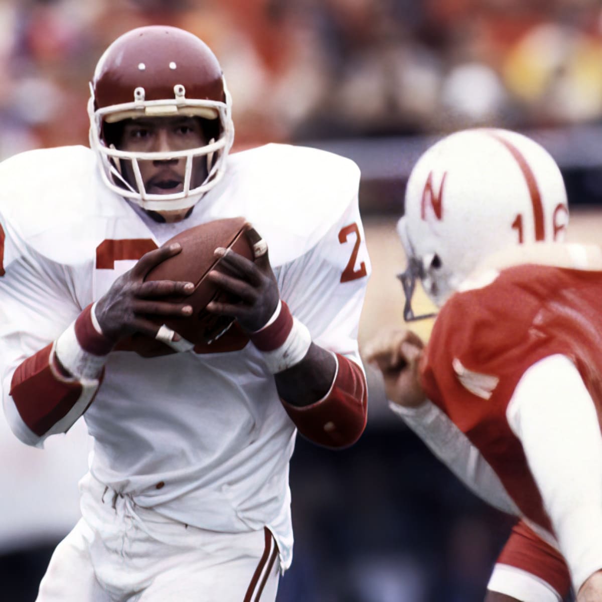 Oklahoma Billy Sims in action, rushing vs Nebraska. Lincoln, NE