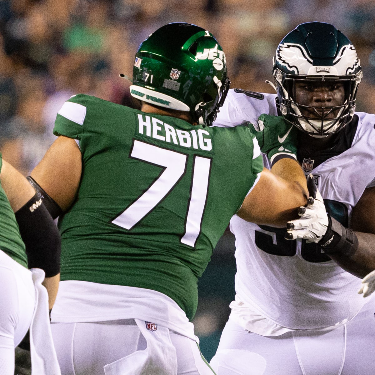 New York Jets guard Nate Herbig (71) walks off the field after an NFL  pre-season game against the Philadelphia Eagles, Friday, Aug. 12, 2022, in  Philadelphia. (AP Photo/Rich Schultz Stock Photo - Alamy