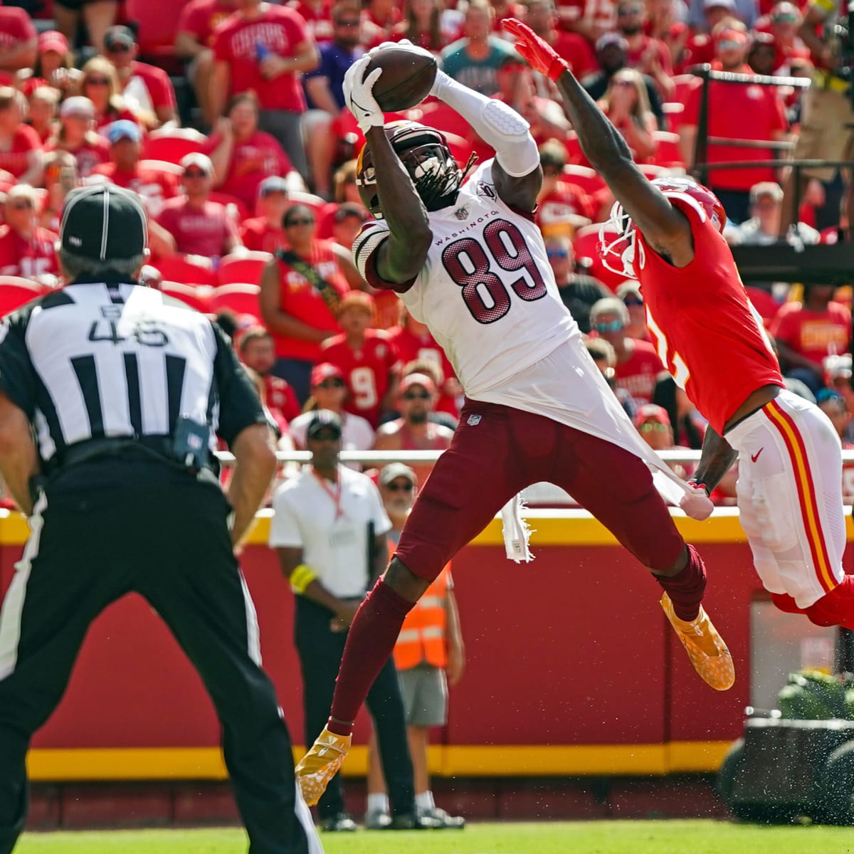 Kansas City Chiefs wide receiver Justin Watson (84) gets set on offense  during an NFL pre-season football game against the Washington Commanders  Saturday, Aug. 20, 2022, in Kansas City, Mo. (AP Photo/Peter