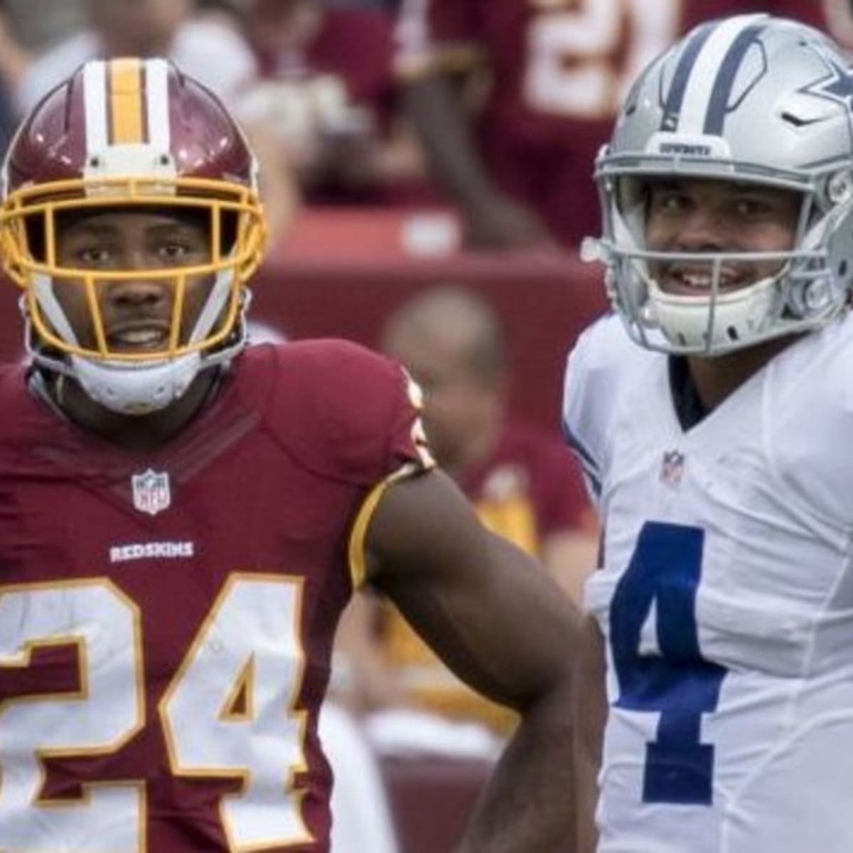 Landover, MD, USA. 21st Oct, 2018. Washington Redskins CB #24 Josh Norman  gets the crowd fired up before a NFL football game between the Washington  Redskins and the Dallas Cowboys at FedEx