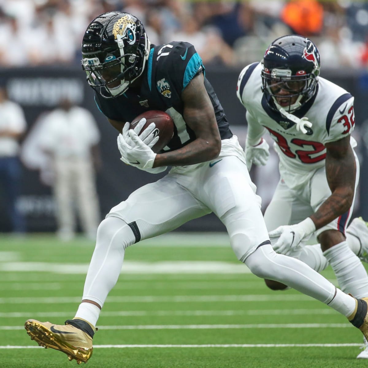 Jacksonville Jaguars wide receiver D.J. Chark (17) celebrates following a  touchdown against the Carolina Panthers during the first half of an NFL  football game in Charlotte, N.C., Sunday, Oct. 6, 2019. (AP