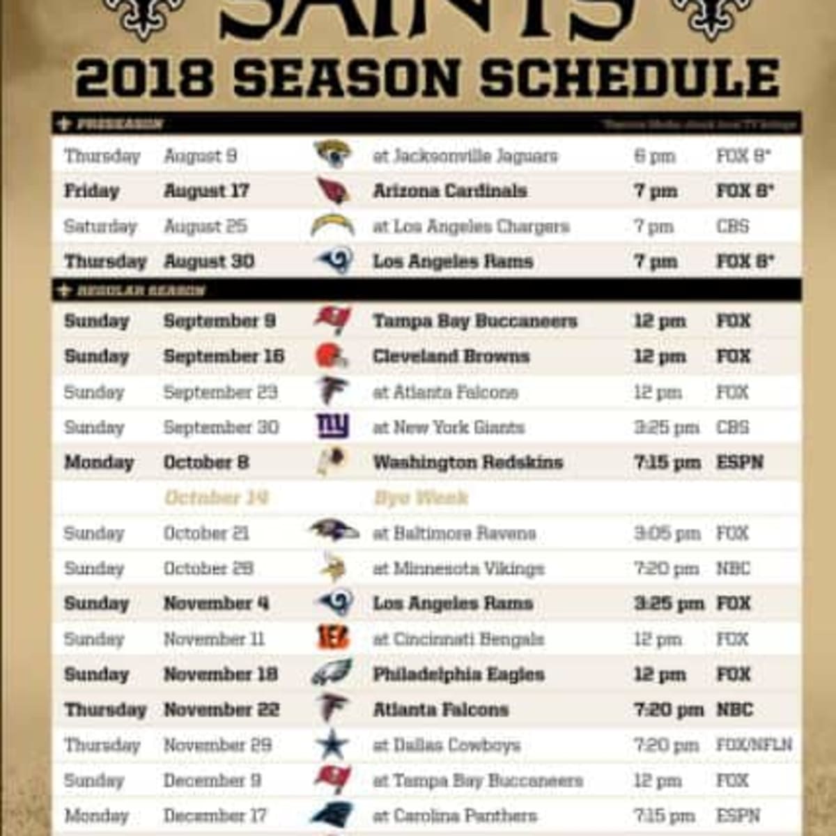 New Orleans Saints 2019 Season Schedule (Printable)