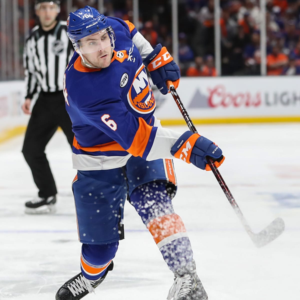 New York Islanders defenseman Scott Mayfield (24) celebrates his goal with  his teammates during the third period of an NHL hockey game against the  Florida Panthers , Saturday, Nov. 9, 2019, in