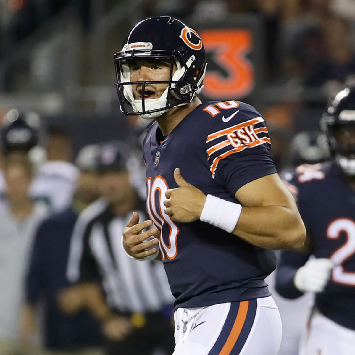 Chicago, Illinois, USA. 17th Sep, 2018. - Bears Quarterback #10 Mitchell  Trubisky in action during halftime at the NFL Game between the Seattle  Seahawks and Chicago Bears at Soldier Field in Chicago