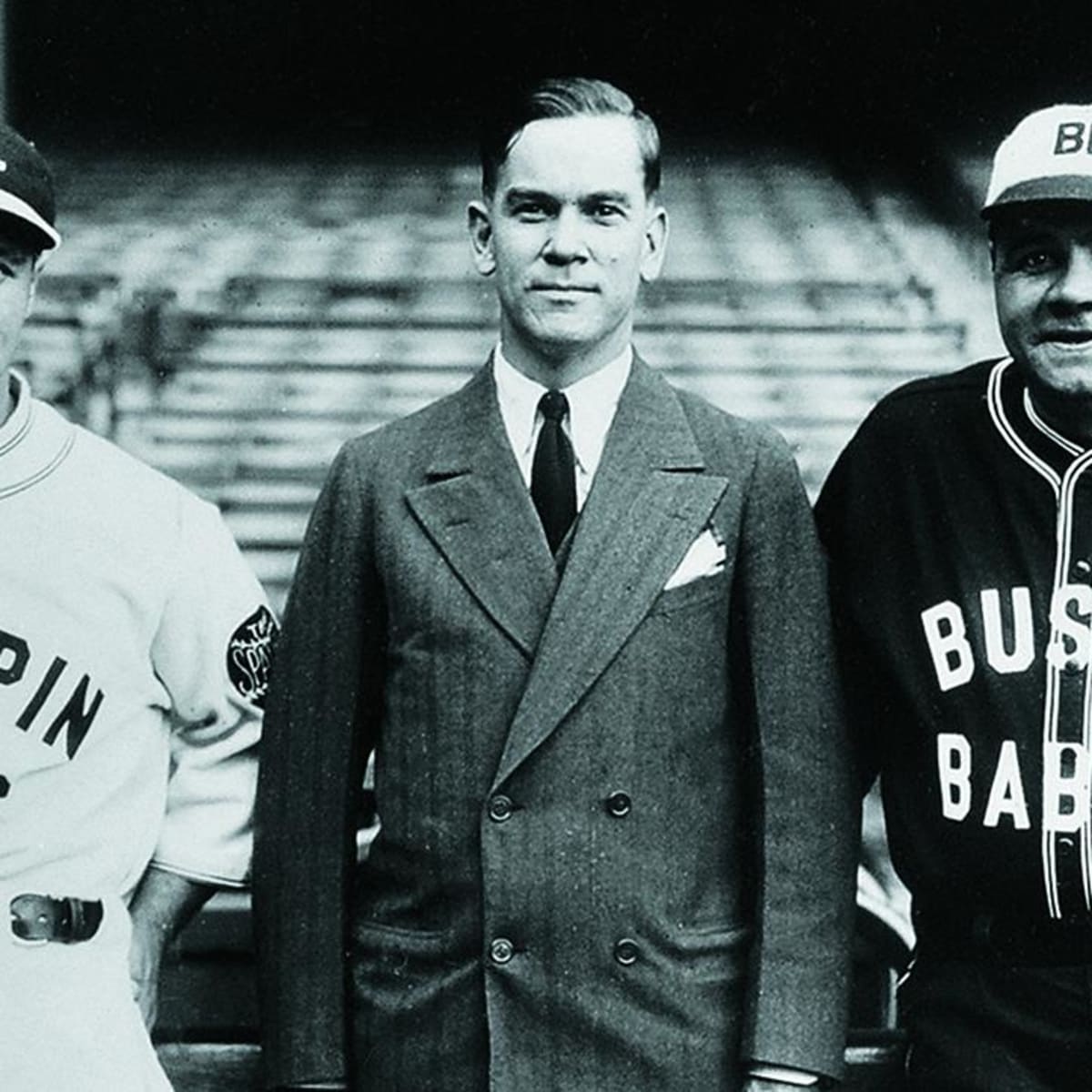 Antique black and white/ colorized photo of Babe Ruth as a coach