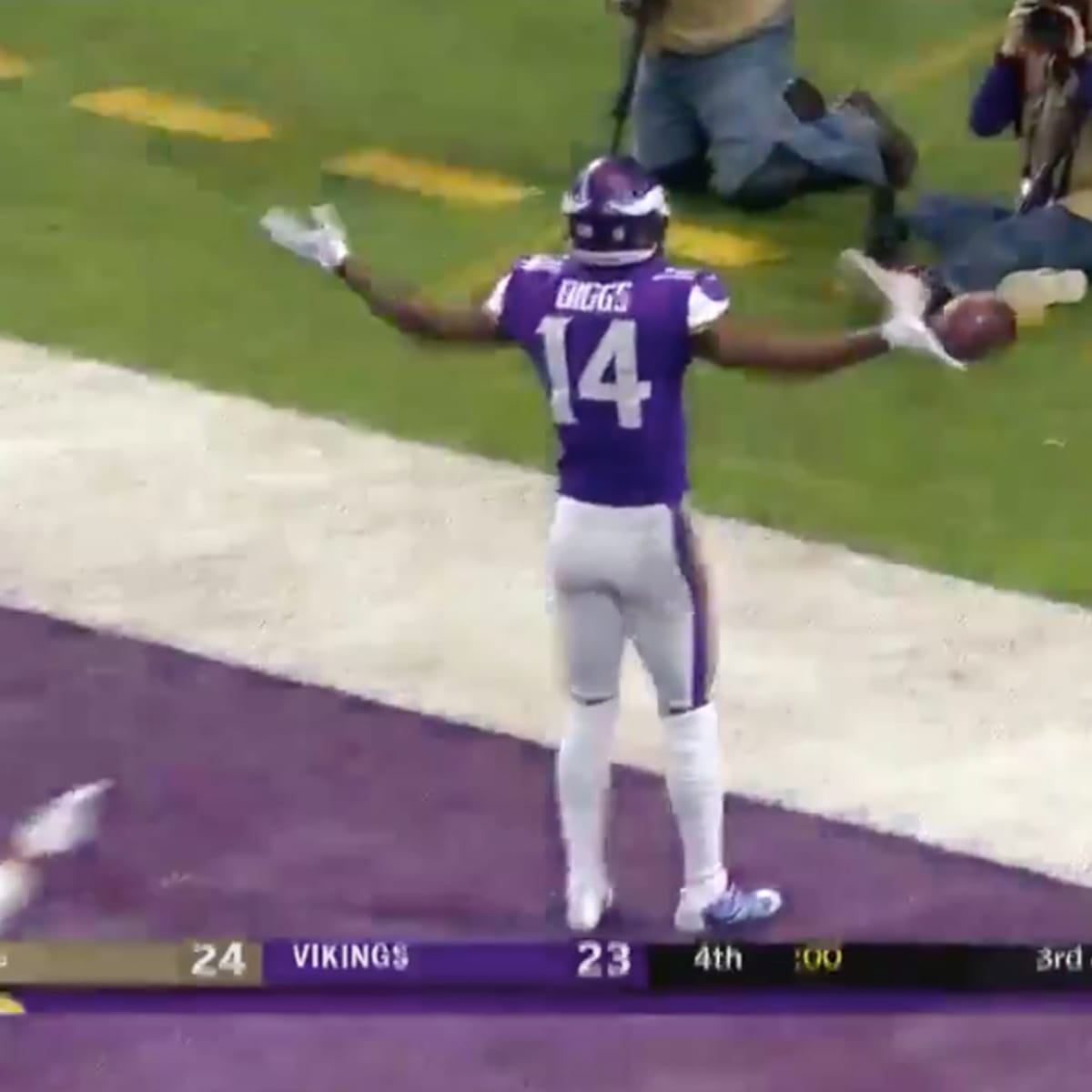 Minnesota Vikings wide receiver Stefon Diggs reacts after scoring the game  winning touchdown against the New Orleans Saints in the second half of the  NFC Divisional round playoff game at U.S. Bank