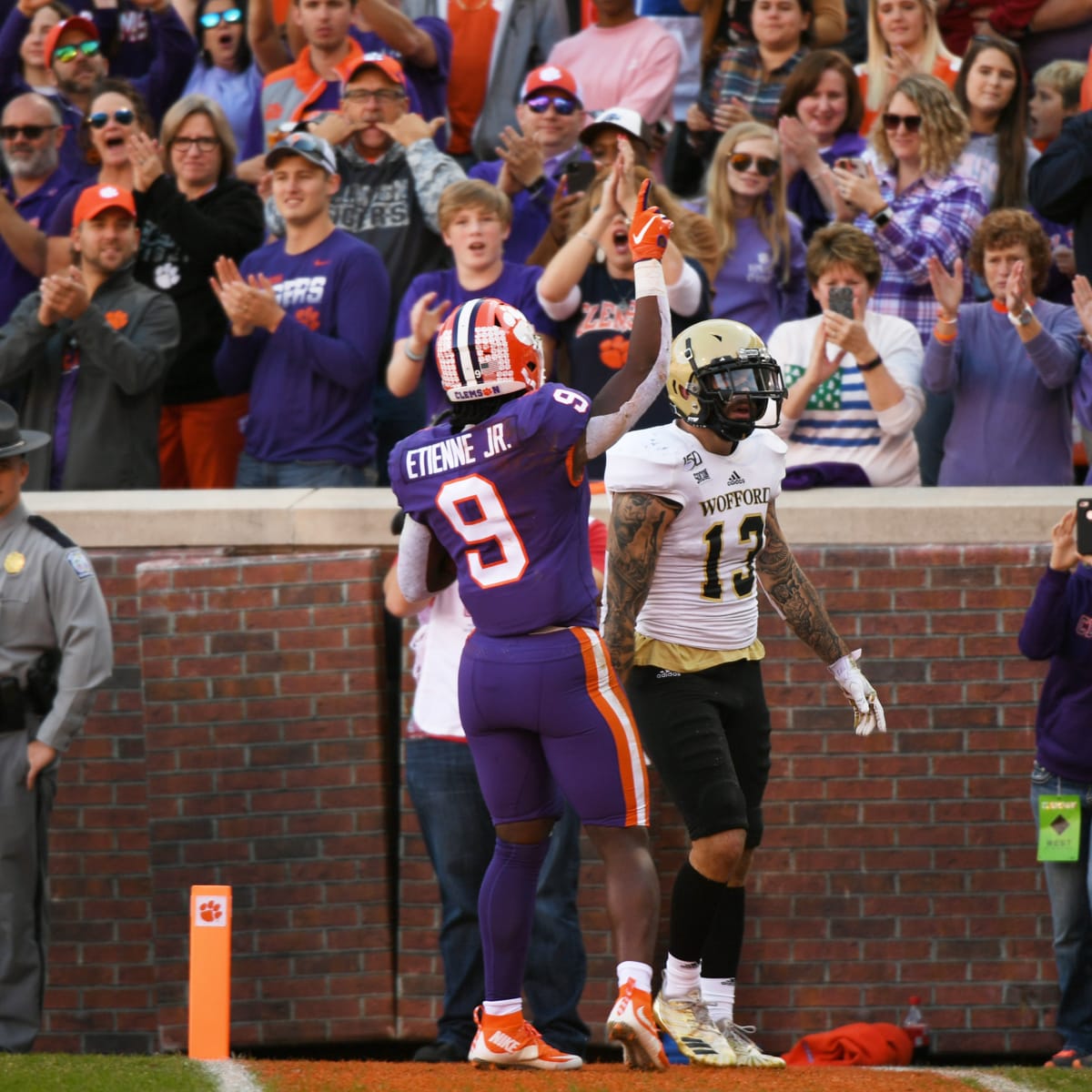 Clemson Tigers wide receiver Tee Higgins (5) after scoring a touchdown  during the NCAA college football game between Wake Forest and Clemson on  Saturday November 16, 2019 at Memorial Stadium in Clemson