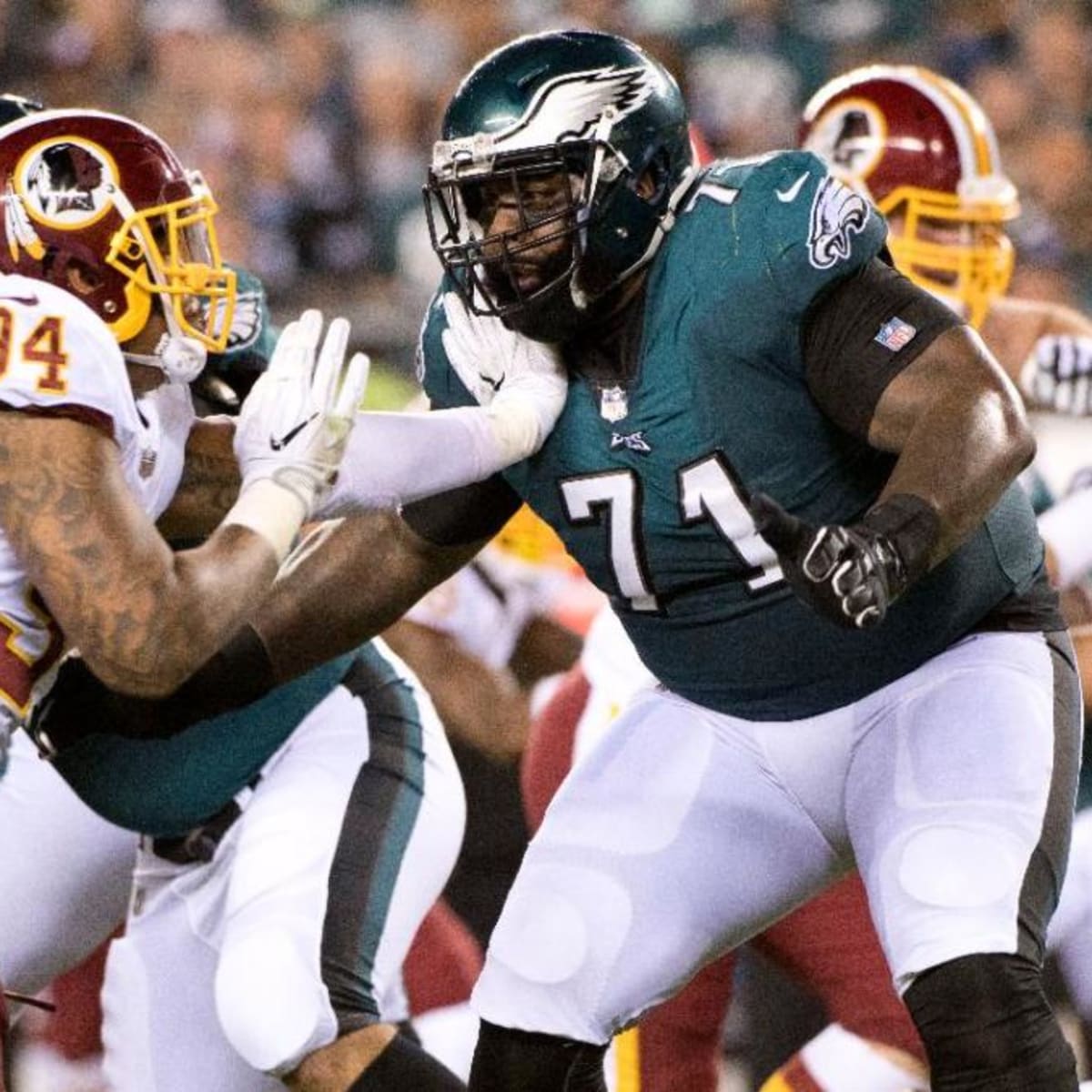 Chicago Bears offensive tackle Jason Peters (71) watches against