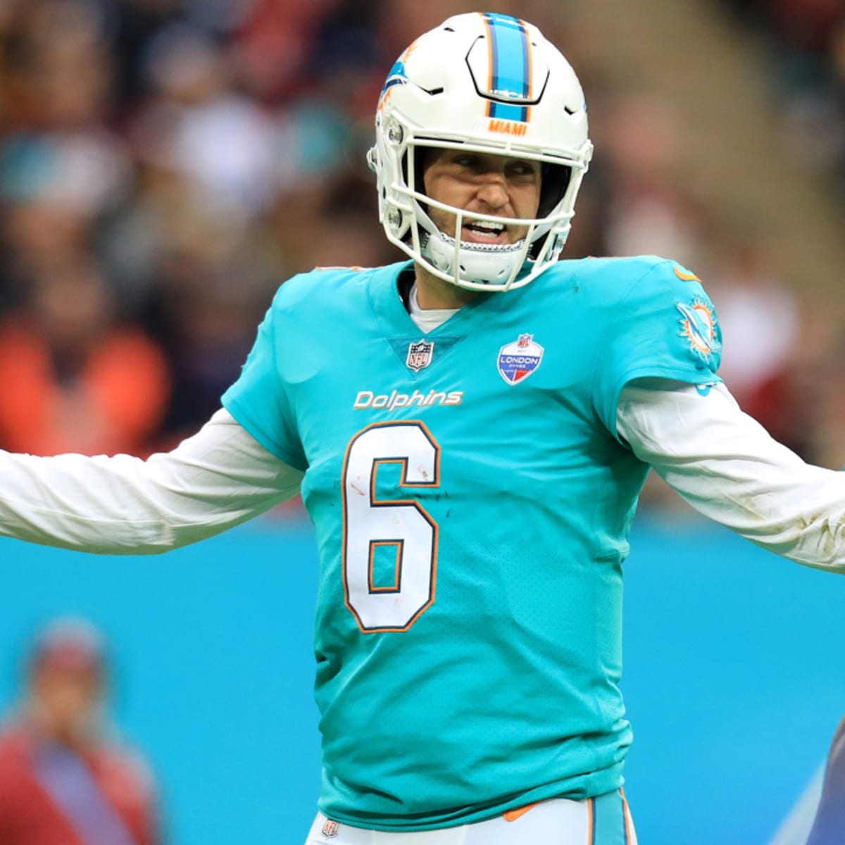 Miami Dolphins - Quarterback Matt Moore (8) yells a play during the first  half