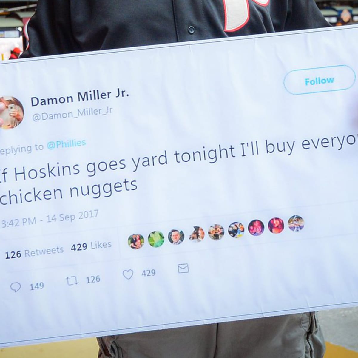 A fan might regret promising the Phillies nuggets if Rhys Hoskins