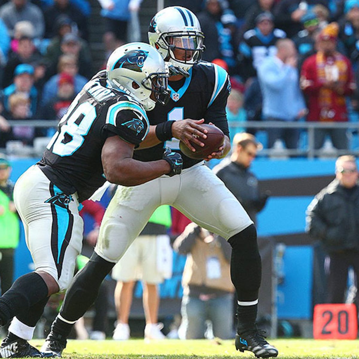 Carolina Panthers running back Jonathan Stewart (center) fights