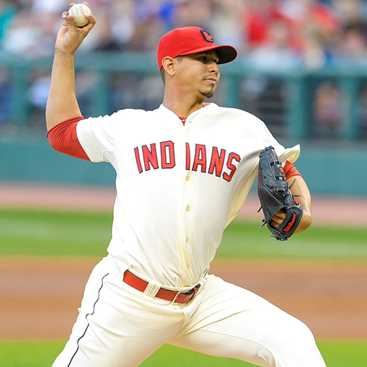 Cleveland Indians pitcher Carlos Carrasco throws live batting