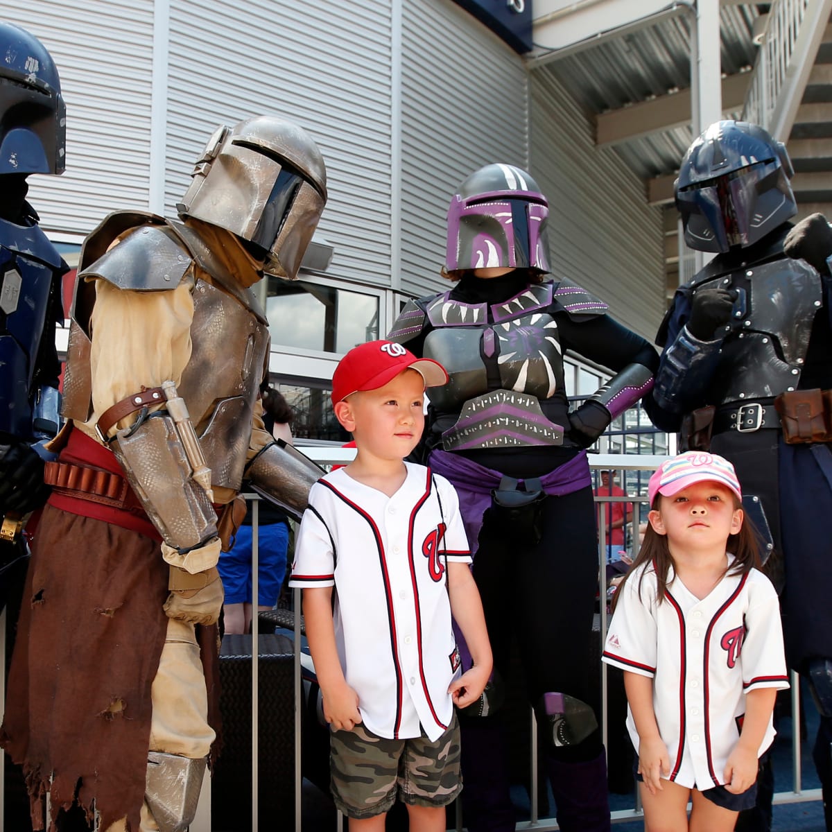 The Washington Nationals Mascots, the Racing Presidents, race dressed as  Star Wars characters on Star Wars Day during the Nationals game against the  Los Angeles Dodgers, in Washington, D.C. on July 19