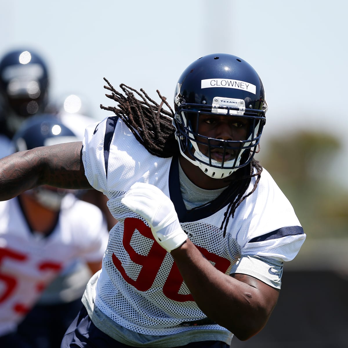 Houston Texans linebackers Jadeveon Clowney, left, and Whitney