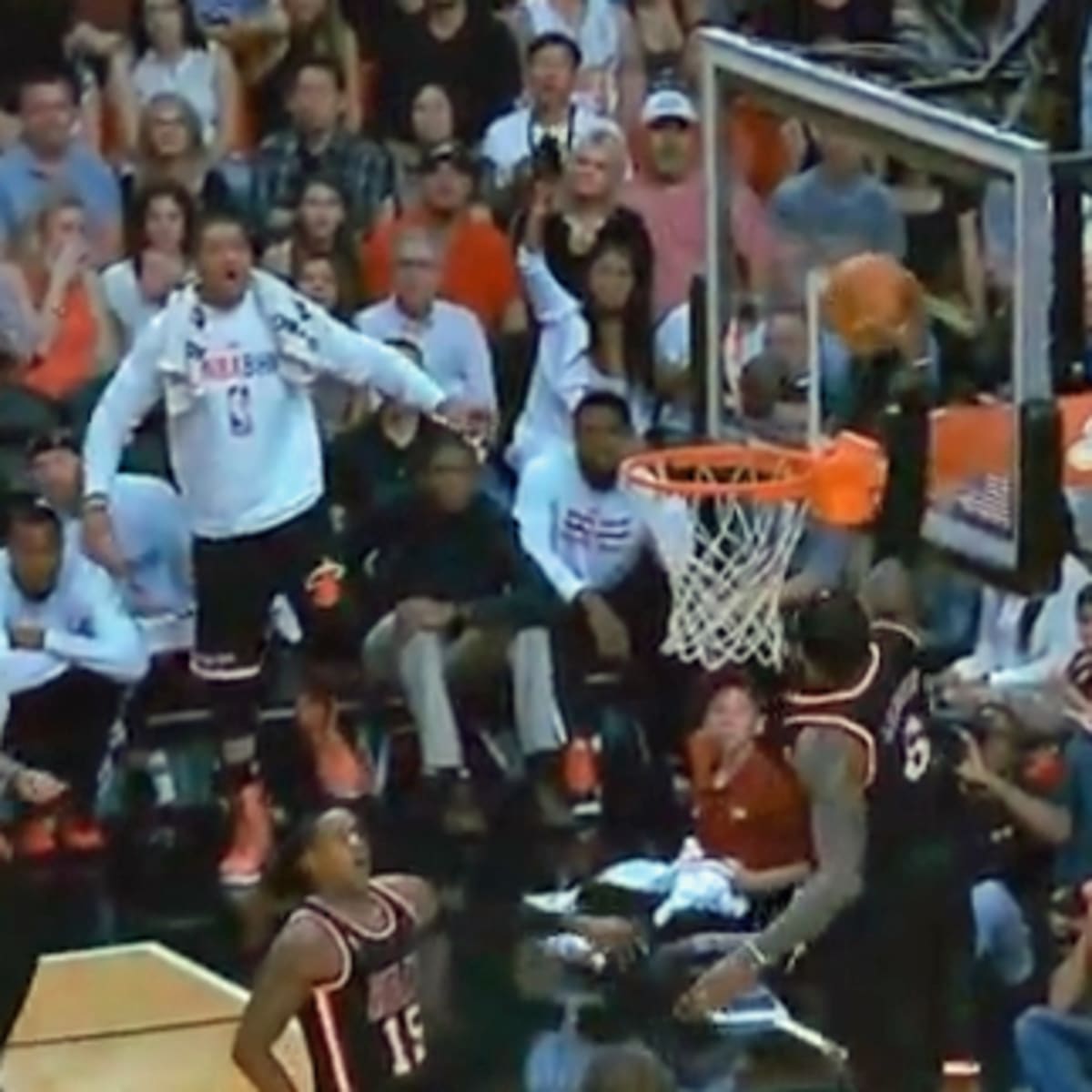 LeBron James of the Miami Heat rises for a dunk against the Los