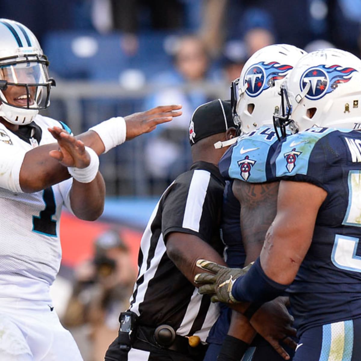 Carolina Panthers' Cam Newton (1) dances in the end zone after scoring a  touchdown against the Dallas Cowboys dur…