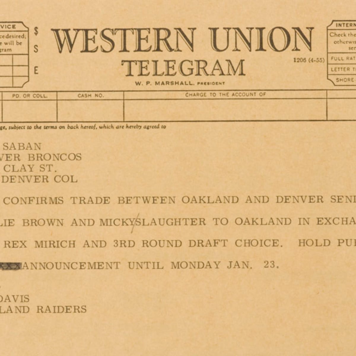 History of the NFL in 95 Objects: Al Davis Willie Davis trade telegram -  Sports Illustrated