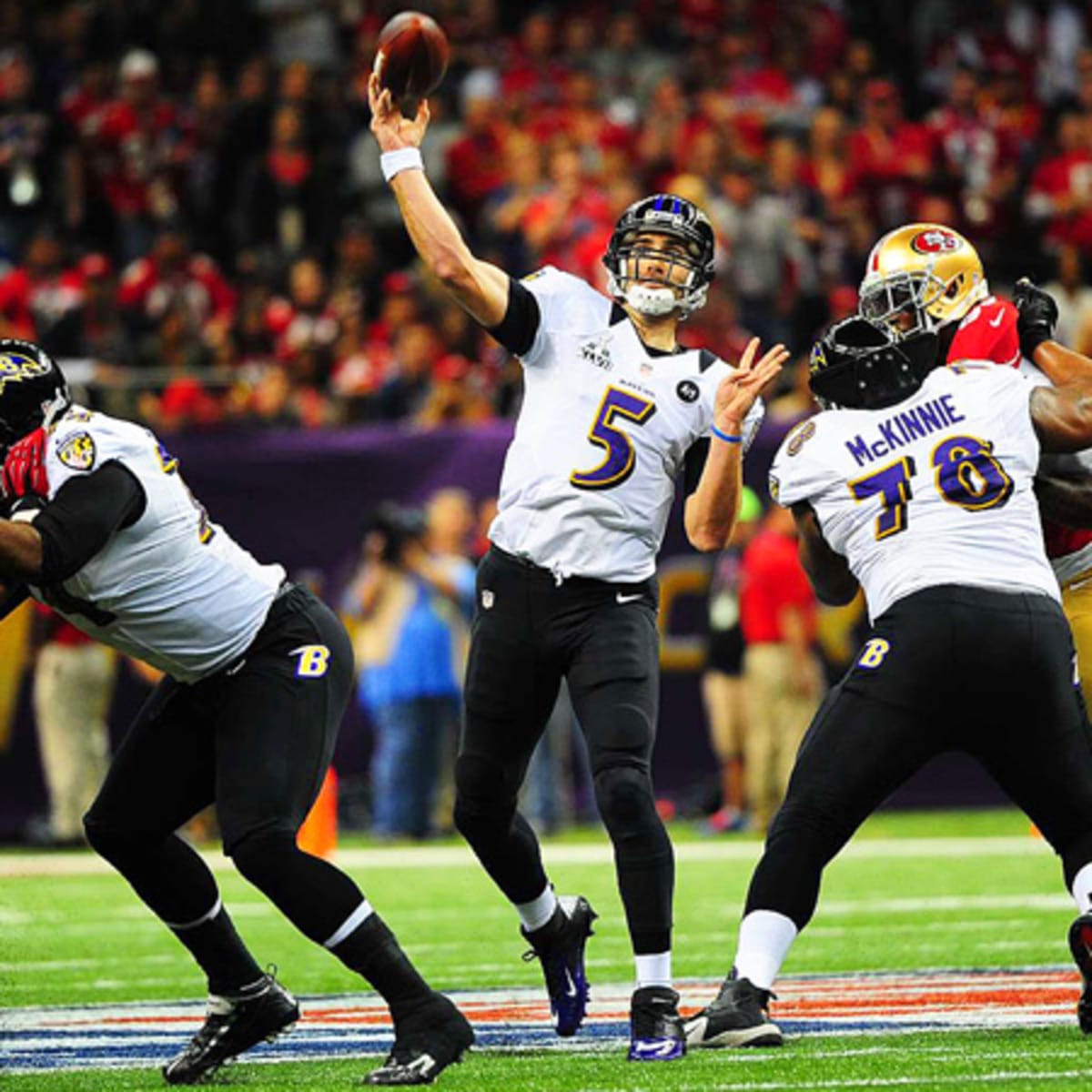 Baltimore Ravens quarterback Joe Flacco, Super Bowl MVP, holds the Lombardi  trophy at Super Bowl XLVII at the Mercedes-Benz Superdome on February 3,  2013 in New Orleans. Baltimore beats San Francisco 34-31