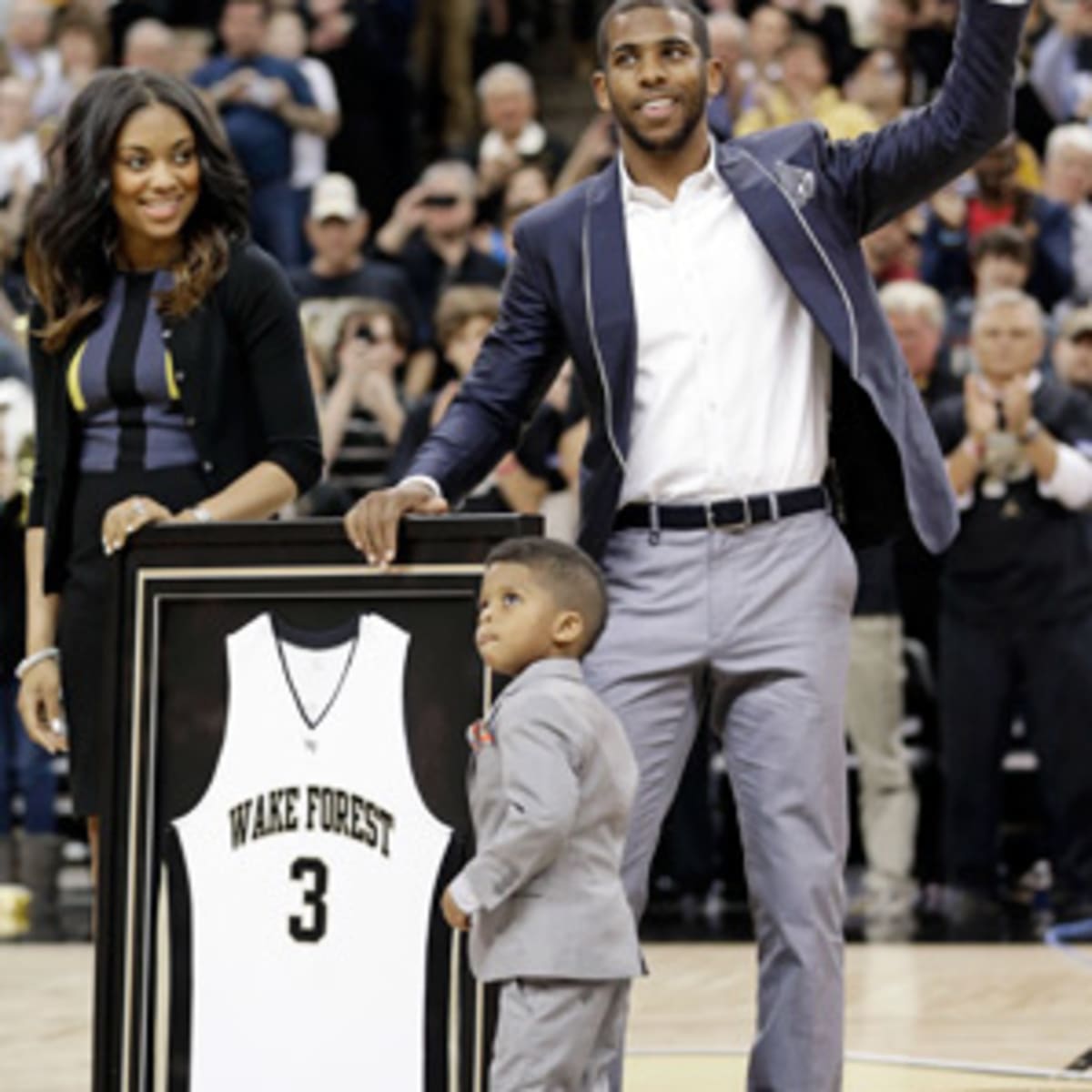 Wake Forest's Chris Paul reacts after hitting a 3-pointer in the