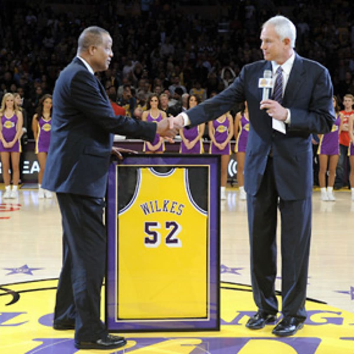 The retired jerseys of former Los Angeles Lakers players