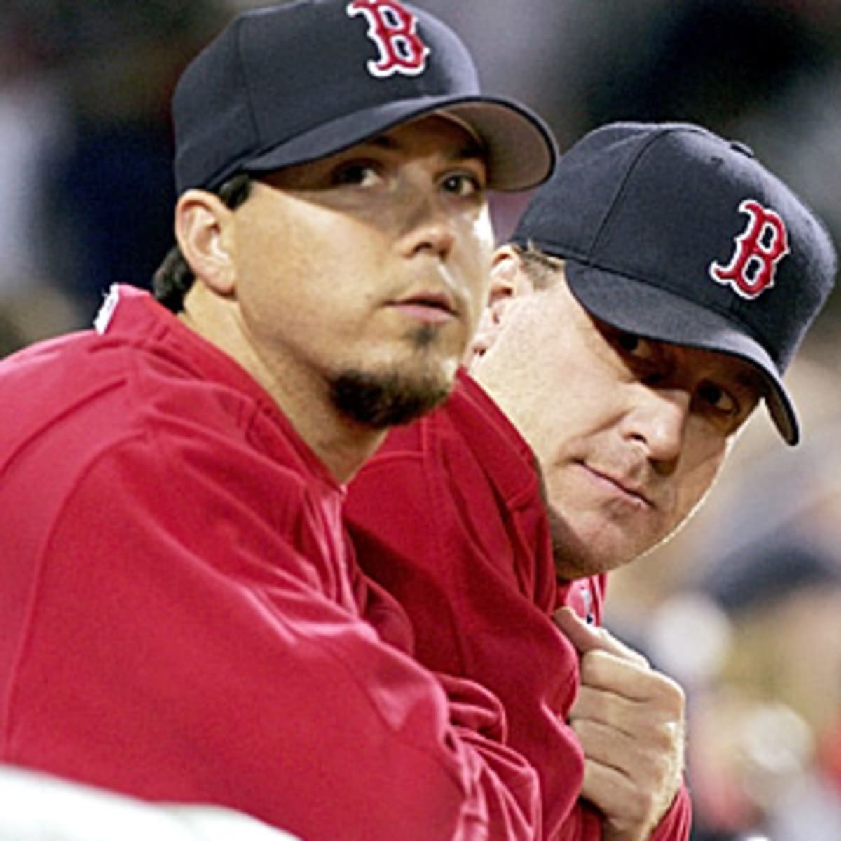 Boston Red Sox first baseman Kevin Youkilis jokes with Royals