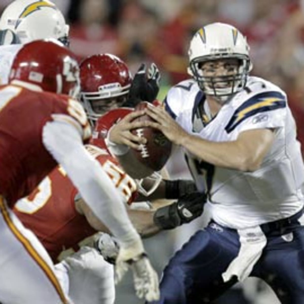 San Diego Chargers Quarterback Philip Rivers (17) goes after a fumbled ball  during game action against the Kansas City Chiefs on January 2, 2005 at  Qualcomm Stadium in San Diego, California. The