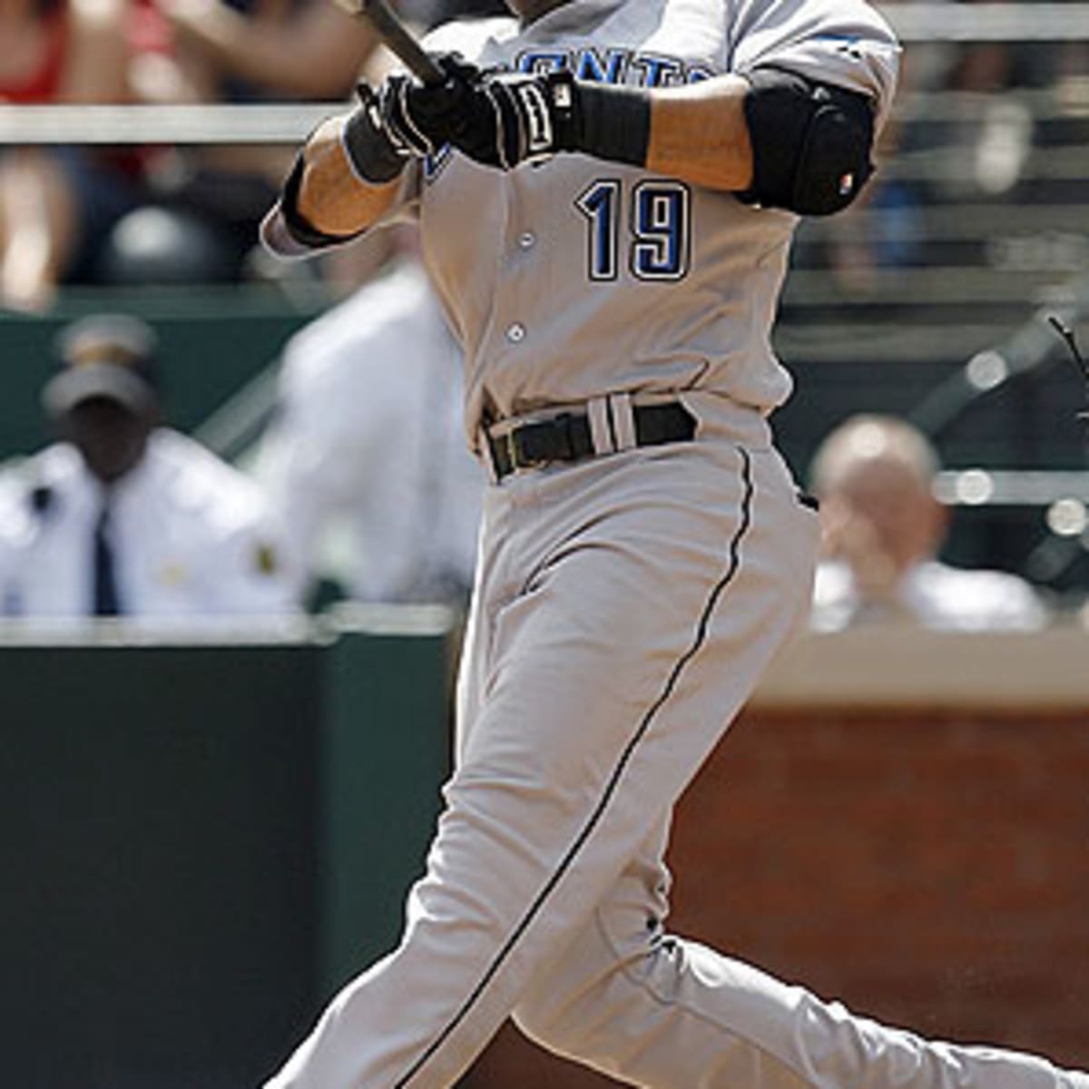 American League All-Stars Jose Bautista reacts with Miguel Cabrera