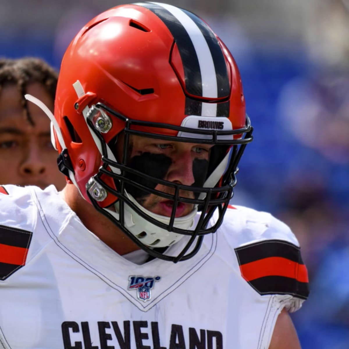 Cleveland Browns offensive guard Eric Kush (72) and center JC Tretter (64)  line up during an NFL football game against the Los Angeles Rams, Sunday,  Sept. 22, 2019, in Cleveland. The Rams