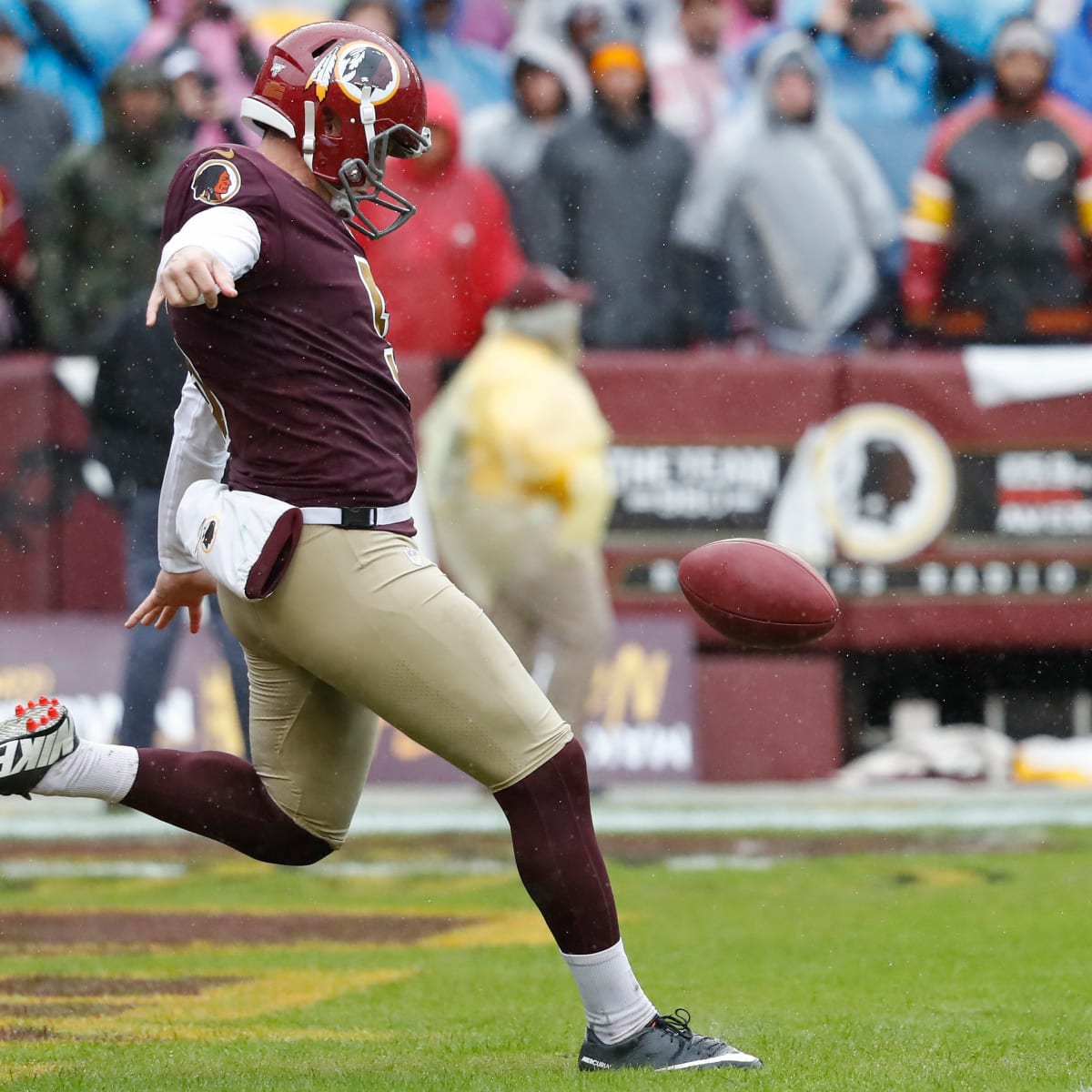 Washington Redskins punter Tress Way (5) punts from his own end zone in the  fourth quarter against the Philadelphia Eagles at FedEx Field in Landover,  Maryland on Sunday, September 10, 2017. The