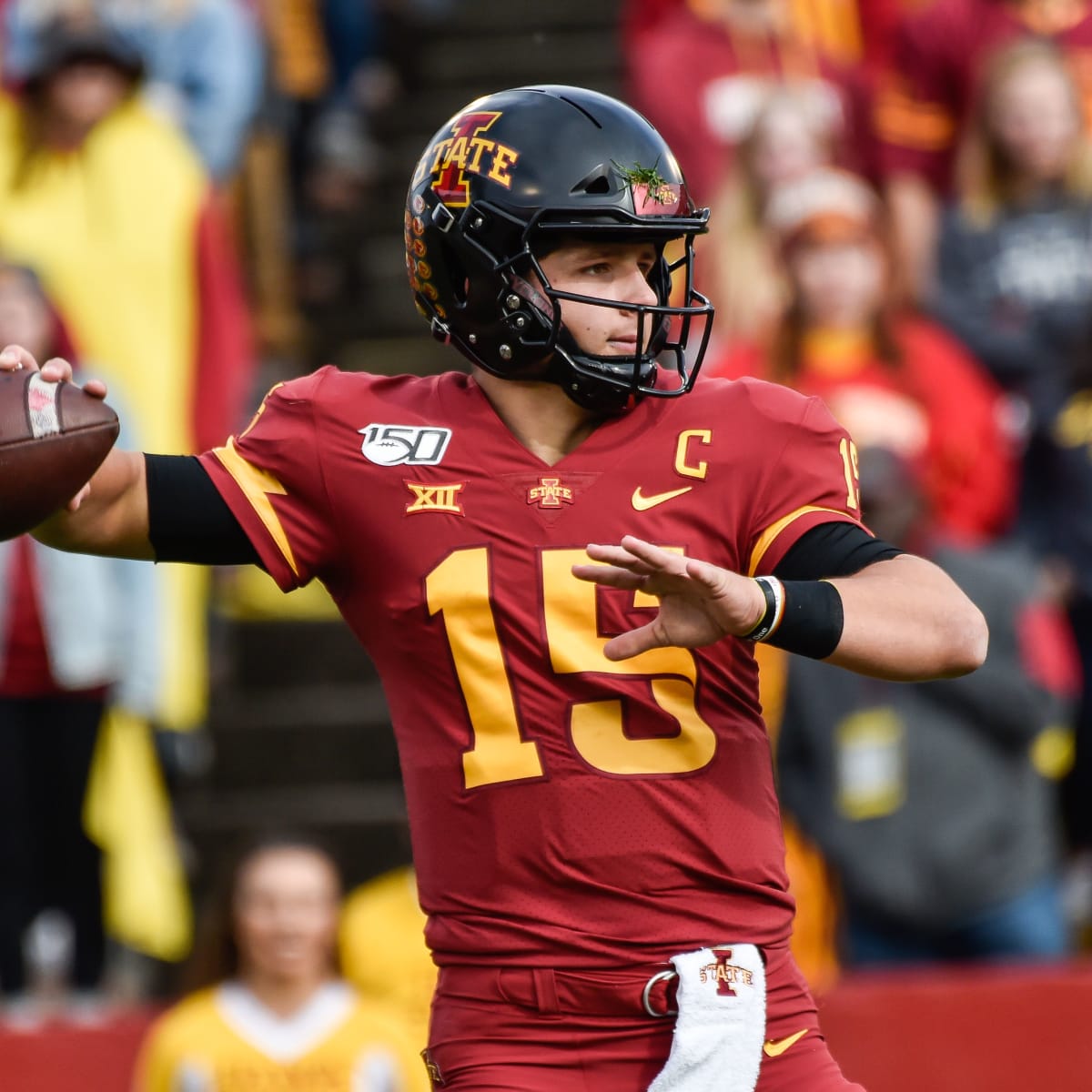 ISU's Brock Purdy wears Iowa Hawkeyes headgear after Cy-Hawk game