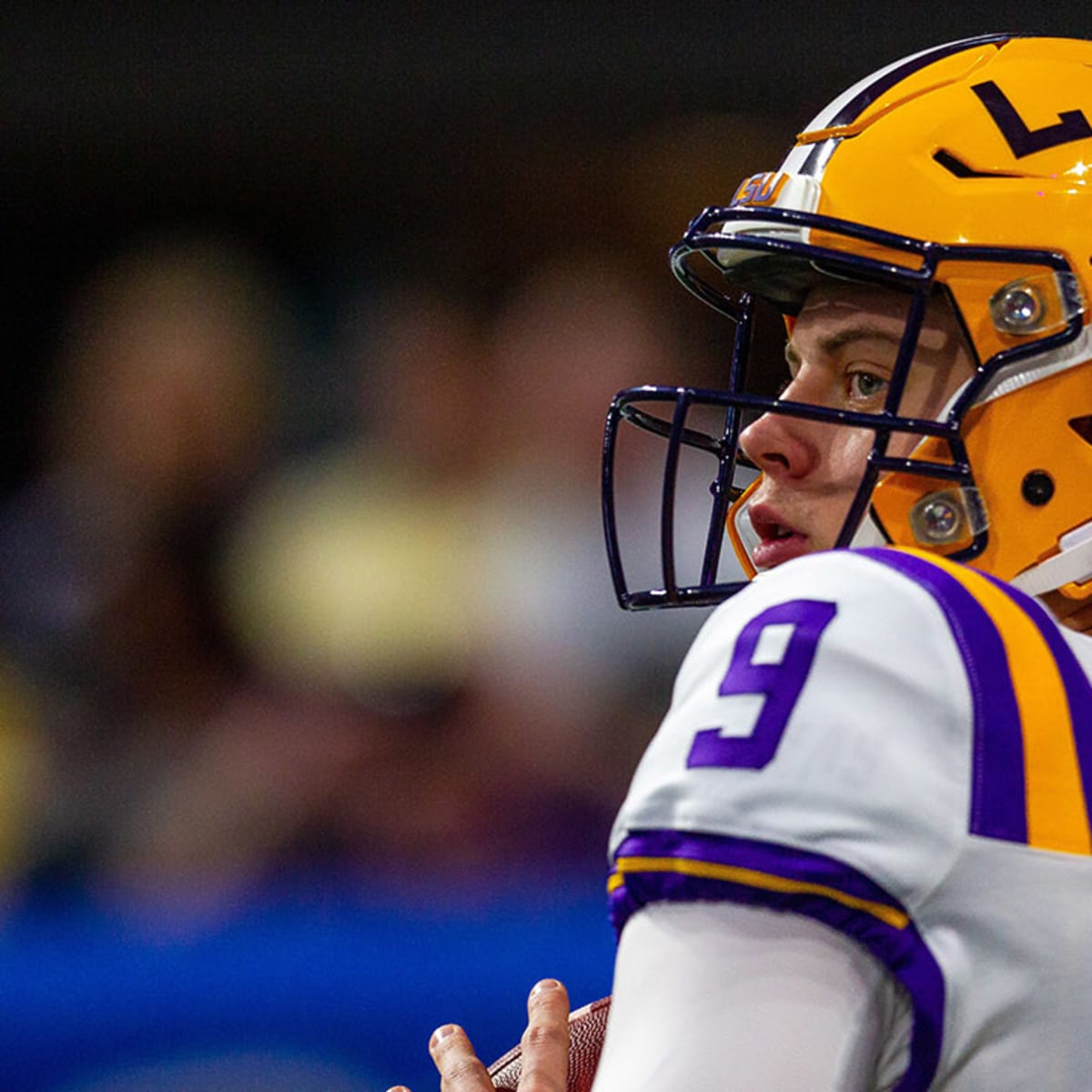 December 28, 2019: LSU's Joe Burrow (9) delivers a pass during the  Chick-Fil-A Peach Bowl - a College Football Playoff Nationall Semifinal -  featuring the Oklahoma Sooners and the LSU Tigers, played