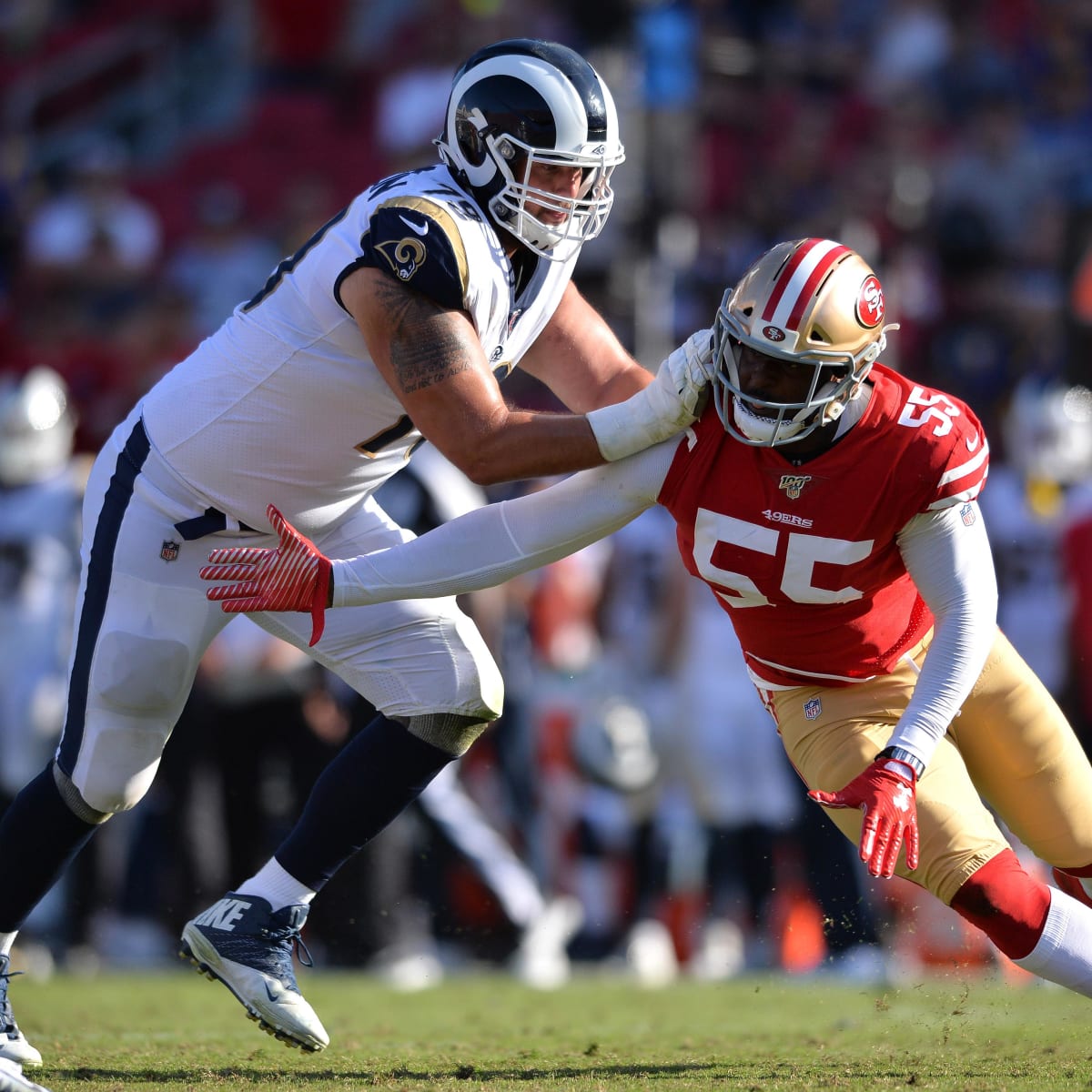 San Francisco 49ers defensive tackle DeForest Buckner (99) and Nick Bosa  (97) prepare to tackle Minnesota Vikings running back Dalvin Cook (33)  during an NFL divisional playoff game, Saturday, Jan. 11, 2020