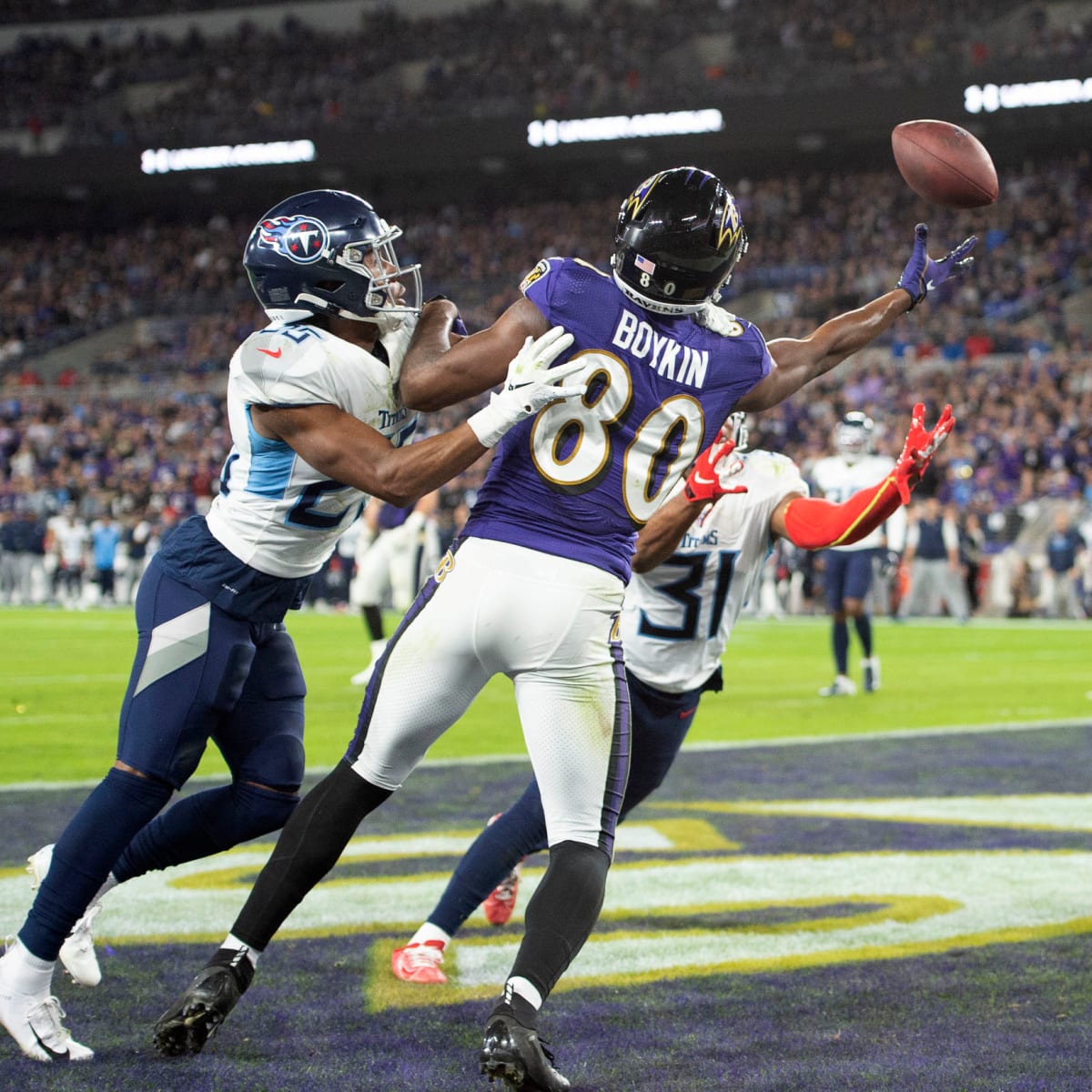 Baltimore Ravens rookie wide receiver Miles Boykin catches a pass