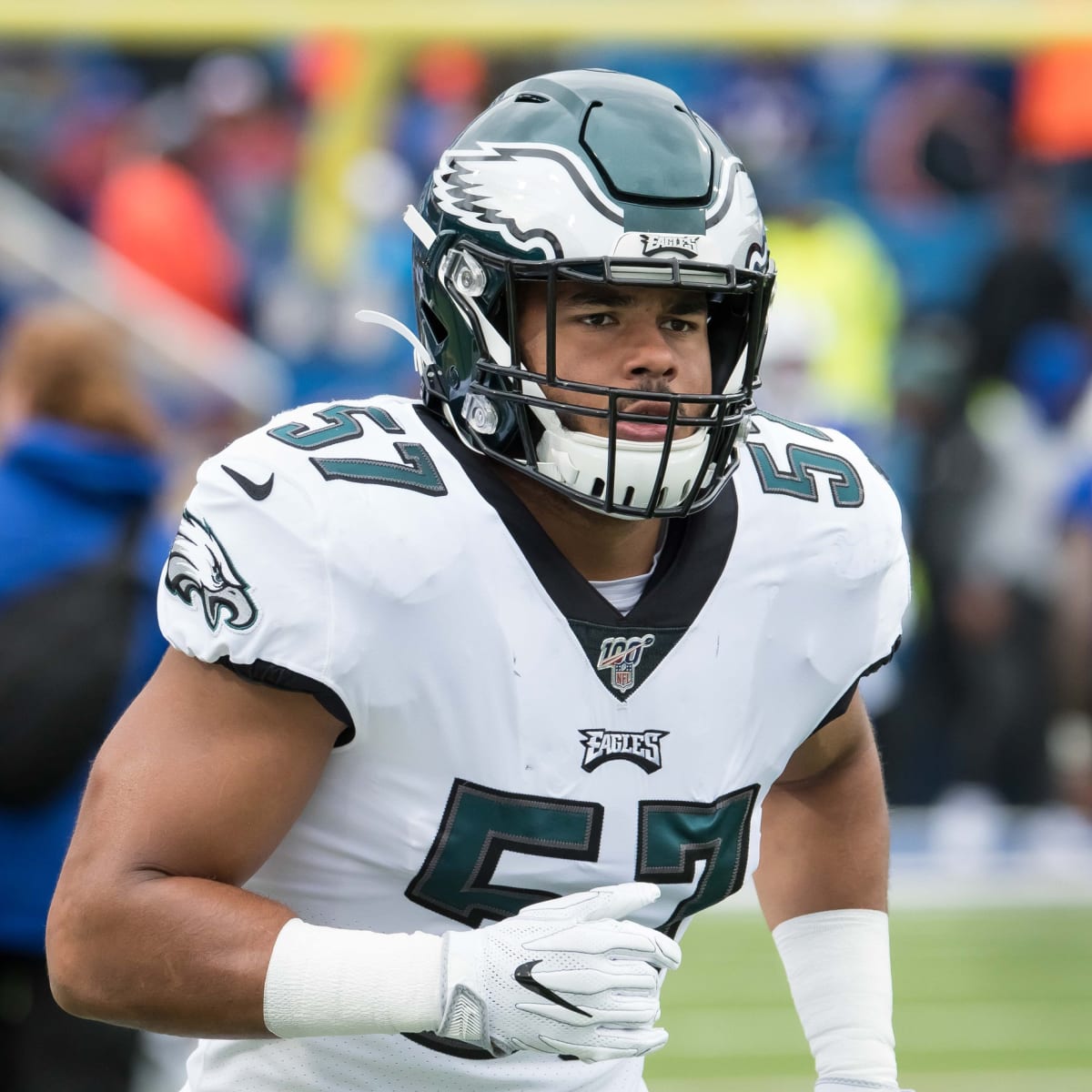 Philadelphia Eagles linebacker T.J. Edwards (57) celebrates a fumble  recovery against the Indianapolis Colts in the