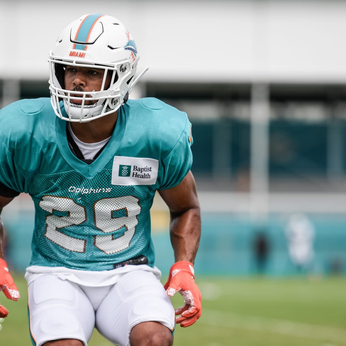 Miami Dolphins cornerbacks Xavien Howard (25) and Eric Rowe (21