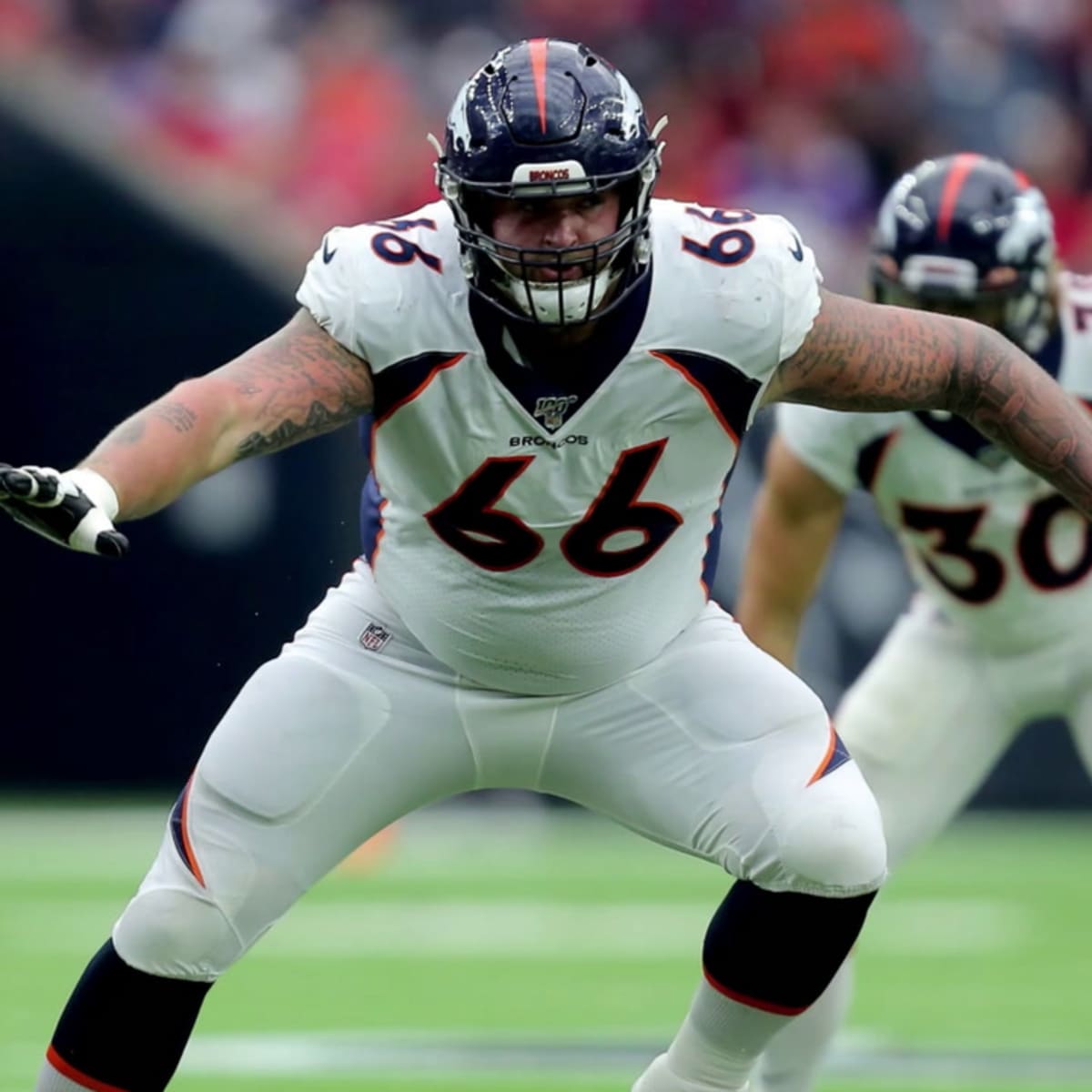 Denver Broncos offensive guard Dalton Risner (66) in coverage during an NFL  football game against the New York Giants, Sunday, Sept. 12, 2021, in East  Rutherford, N.J. The Denver Broncos won 27-13. (