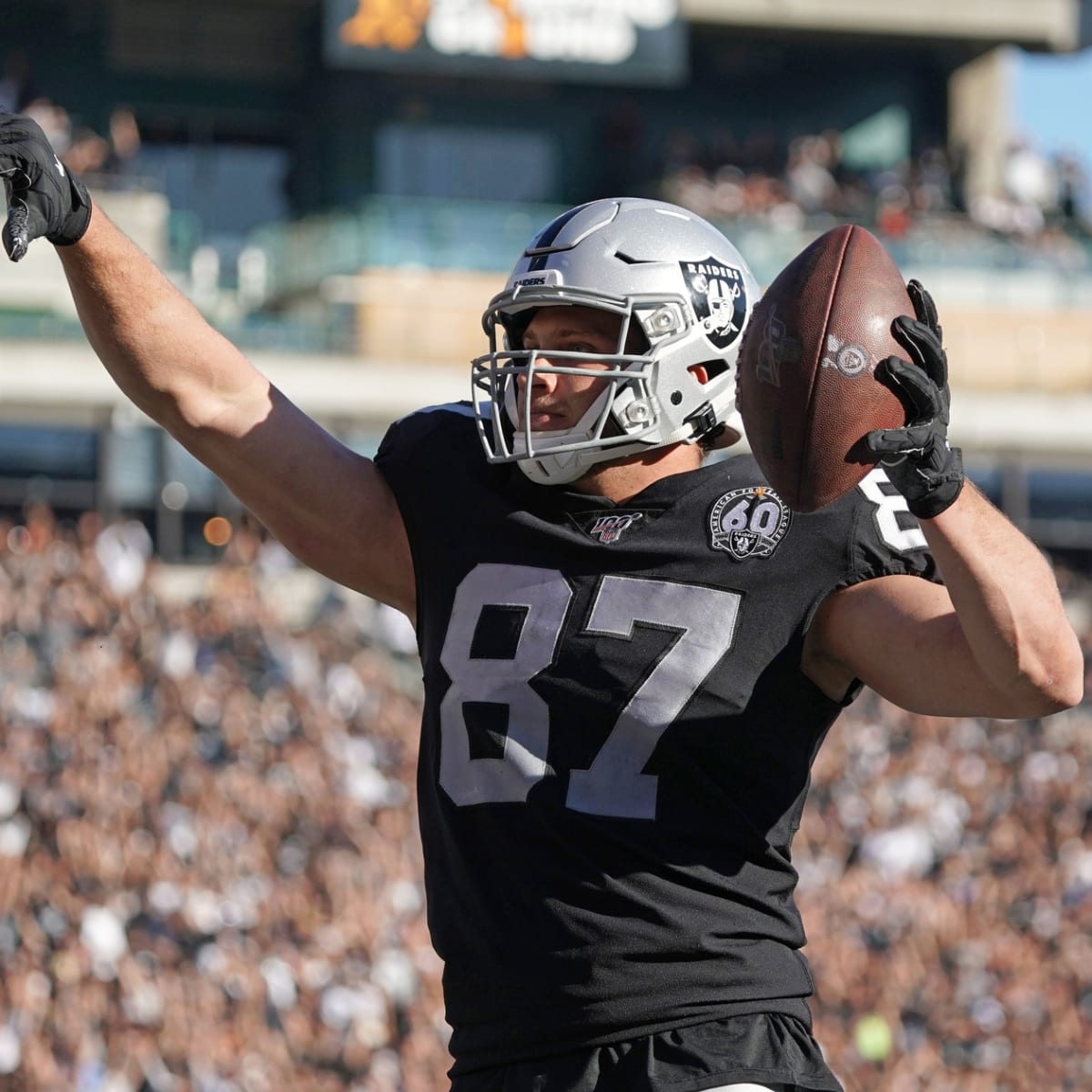 Las Vegas Raiders tight end Foster Moreau (87) heads for the