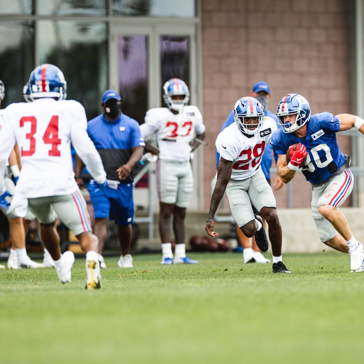 New York Giants running back Sandro Platzgummer (34) reacts after